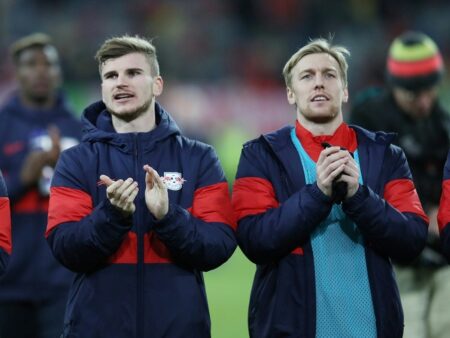 Bild: Werner (l.) und Forsberg mit wichtigen Toren für Leipzig (© FIRO/FIRO/SID/)