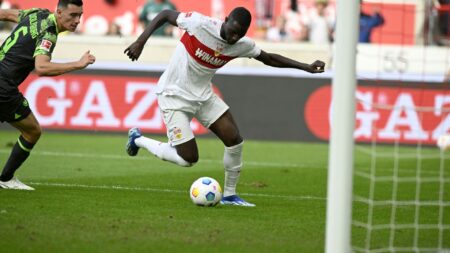 Bild: Nicht zu bremsen: Hattrick-Schütze Serhou Guirassy (© AFP/SID/THOMAS KIENZLE)