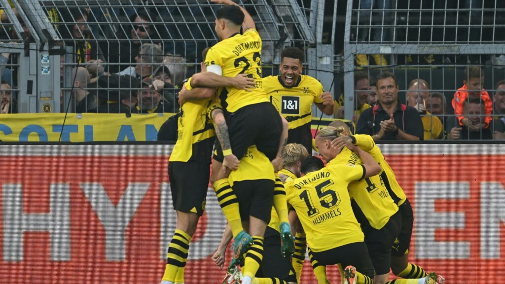 Bild: Die BVB-Spieler jubeln nach dem Tor zum 3:2 (© AFP/SID/INA FASSBENDER)