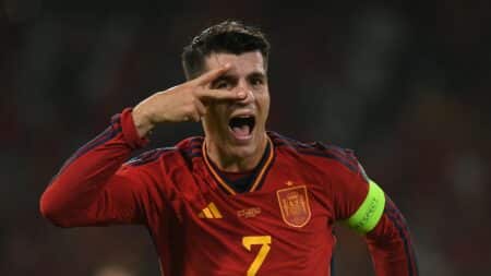 Bild: Alvaro Morata beim Torjubel (© AFP/SID/JORGE GUERRERO)